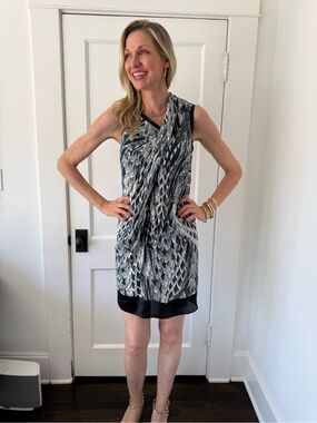 Helmut Lang Black & Gray Patterned Draped Mini Dress